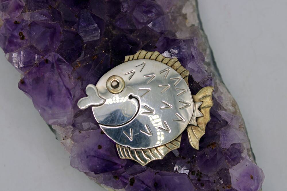 Far Fetched Sterling Silver Brass Blow Fish Brooch
